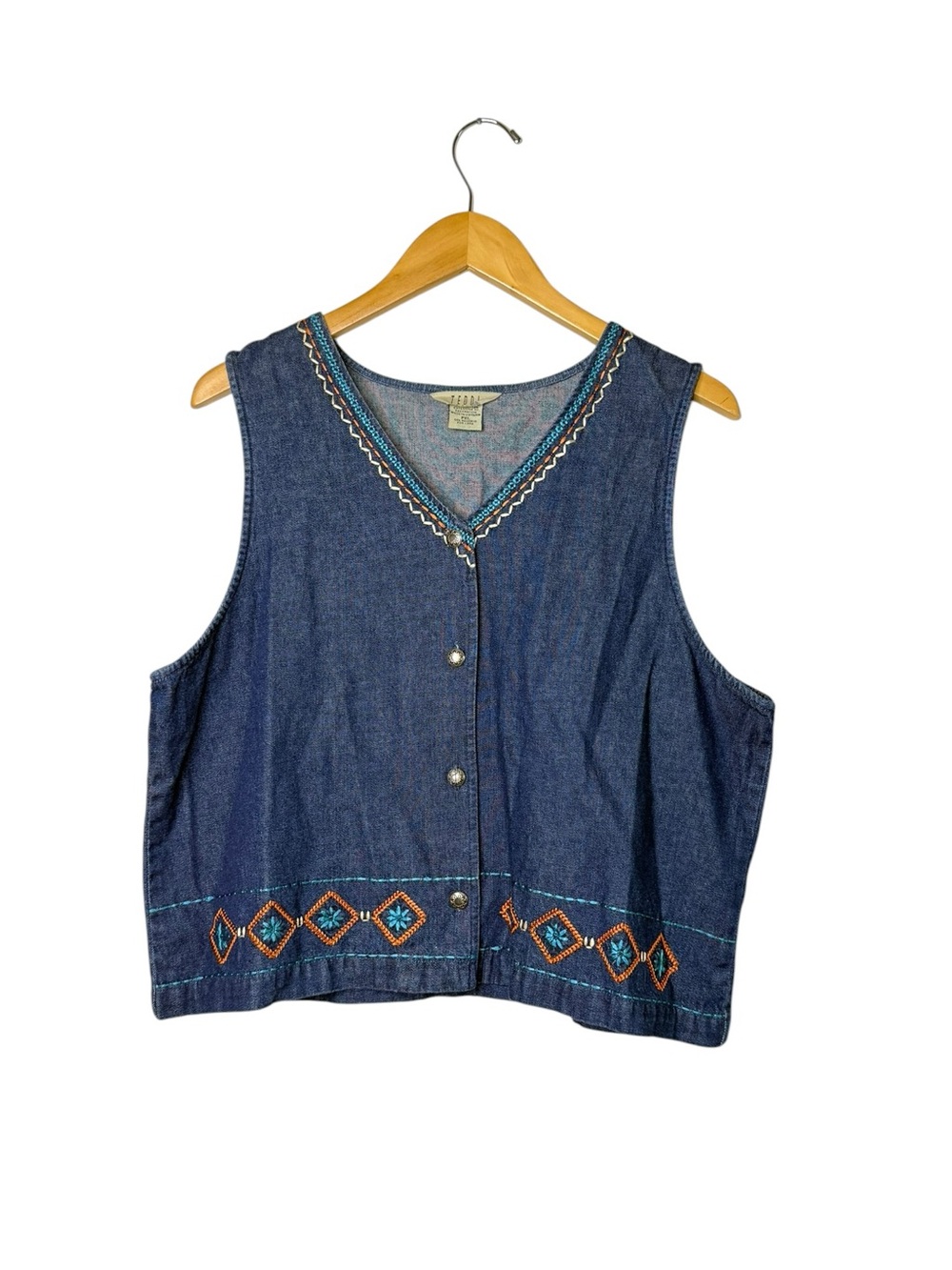 Vtg Teddi 100% Cotton Multi Color Embroidered Sleeveless Button Up Vest Top